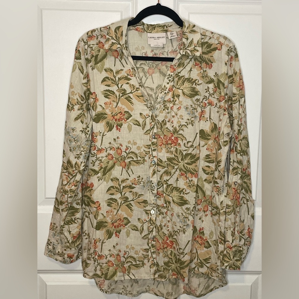 Laura Ashley 100% Linen Floral Button Front Tunic Shirt Top Women’s M
